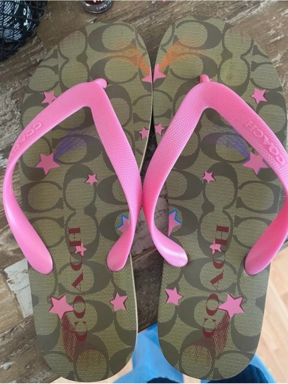 Coach Girls Olive Signature Flip Flops with Pink Straps